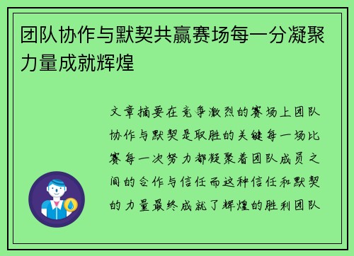 团队协作与默契共赢赛场每一分凝聚力量成就辉煌