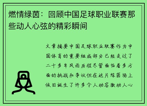燃情绿茵：回顾中国足球职业联赛那些动人心弦的精彩瞬间