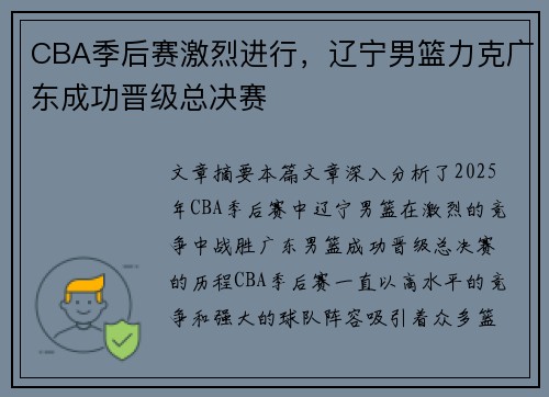 CBA季后赛激烈进行，辽宁男篮力克广东成功晋级总决赛